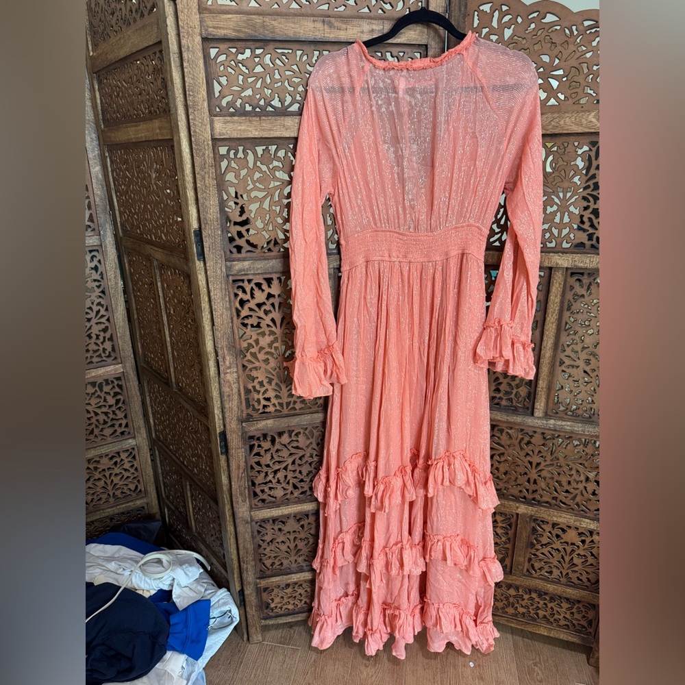 Free People Coral Pink Maxi Dress with Ruffle Tiers - Picture 4 of 4